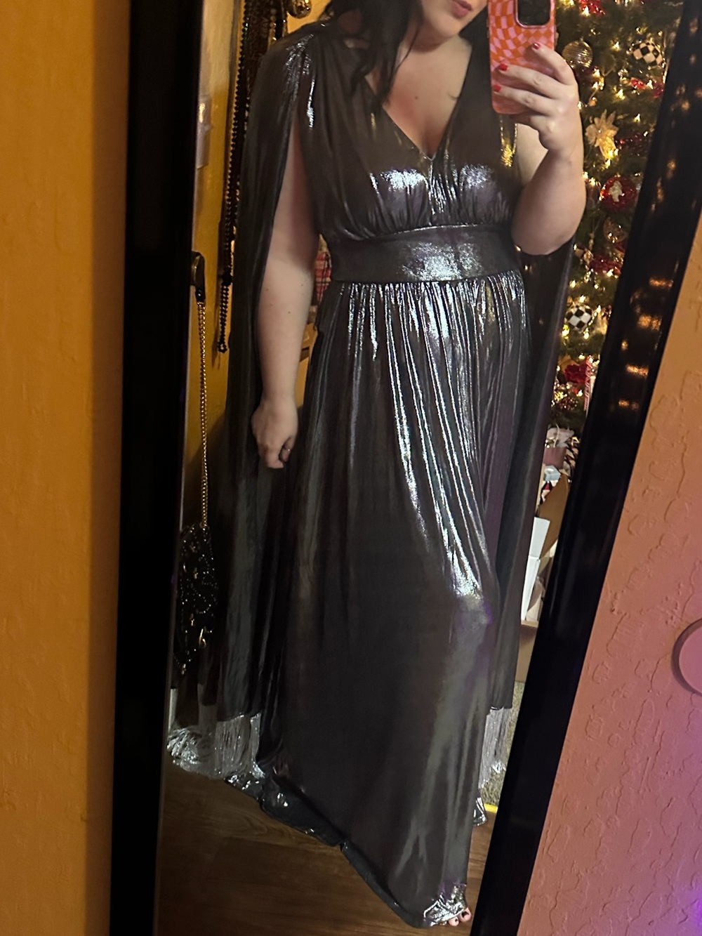 Metallic Silver V-Neck Fringe Sleeve Maxi Dress - Picture 5 of 5